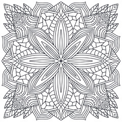 Printable floral pattern. Coloring book page background. Ornamental square pattern.