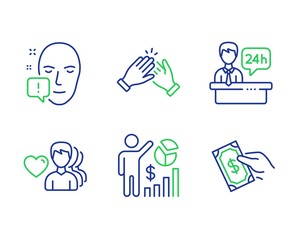 Man love, Clapping hands and Reception desk line icons set. Seo statistics, Face attention and Pay money signs. Romantic people, Clap, Hotel service. Analytics chart. People set. Vector