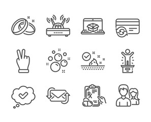 Set of Business icons, such as Winner podium, Wifi, Prescription drugs, Change card, Wedding rings, Skin care, Refresh mail, Approved, Online delivery, Clean bubbles, Teamwork line icons. Vector