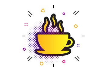 Coffee cup sign icon. Halftone dots pattern. Hot coffee button. Classic flat coffee icon. Vector
