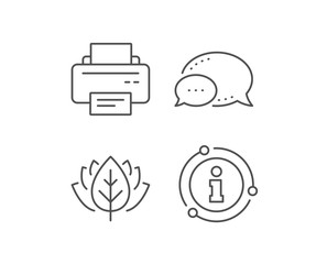 Printer icon. Chat bubble, info sign elements. Printout Electronic Device sign. Office equipment symbol. Linear printer outline icon. Information bubble. Vector