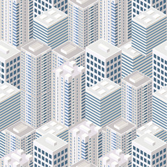 Seamless pattern isometric urban megalopolis top view of the city infrastructure town, street, houses, architecture 3d elements different buildings