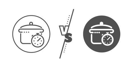 Cooking timer sign. Versus concept. Boiling pan line icon. Food preparation symbol. Line vs classic boiling pan icon. Vector