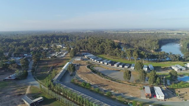 Aerial rise over Moama town in New South Wales, Australia