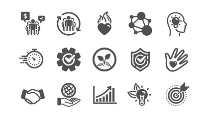 Core values icons. Integrity, Target purpose and Strategy. Trust handshake, social responsibility, commitment goal icons. Classic set. Quality set. Vector