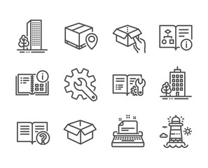 Set of Industrial icons, such as Hold box, Lighthouse, Typewriter, Help, Engineering documentation, Technical algorithm, Customisation, Skyscraper buildings, Opened box, Parcel tracking. Vector