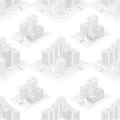Seamless pattern isometric urban megalopolis top view of the city infrastructure town, street, houses, architecture 3d elements different buildings