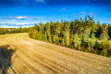 watercolor illustration: Harvested wheat field close to pine tree forest, evening, blue skies with some clouds, blue lake. Illustration made with help of drone in Northern Sweden, Lappland