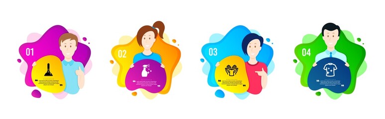 Plunger, Hold t-shirt and Washing cleanser icons simple set. People shapes timeline. Clean t-shirt sign. Clogged pipes cleaner, Laundry shirt, Housekeeping spray. Cleaning set. Vector