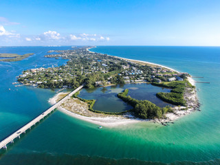 Aerial view of Longboat Key town and beaches in Manatee and Sarasota counties along the central...
