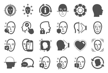 Face recognition icons. Set of Facial biometrics detection, scanning and unlock system icons. Facial scan, identification, Face id. Confirmed person, Biometrics access, Unlock smartphone. Vector