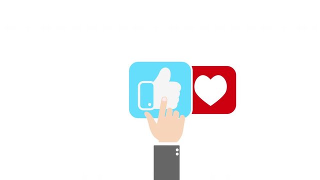 Hand presses thumb up and thumb down, heart icons motion 4k video footage