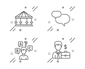 Fototapeta na wymiar Chat message, Carousels and Quiz test line icons set. Businessman case sign. Speech bubble, Attraction park, Interview. Human resources. Business set. Line chat message outline icon. Vector