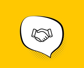 Employees handshake line icon. Comic speech bubble. Hand gesture sign. Business deal palm symbol. Yellow background with chat bubble. Employees handshake icon. Colorful banner. Vector