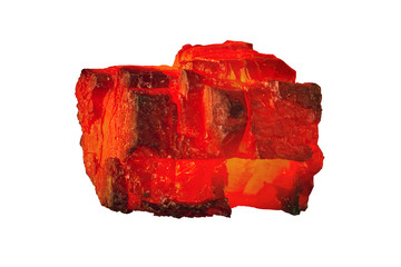 Red hot coal bar isolated on white background. Red burning coal mine isolated on white close up. Raw coal nugget on fire for power and fuel  industry