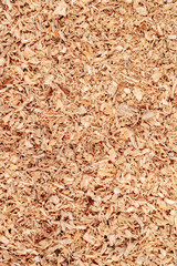 Sawdust or wood dust texture background. Wood sawdust background closeup. Sawdust floor texture. Top view. Saw dust texture, close-up background of brown sawdust.