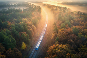 Train in beautiful forest in fog at sunrise in autumn. Aerial view of moving commuter train in fall. Colorful landscape with railroad, foggy trees with orange leaves, mist. Top view. Railway station - obrazy, fototapety, plakaty