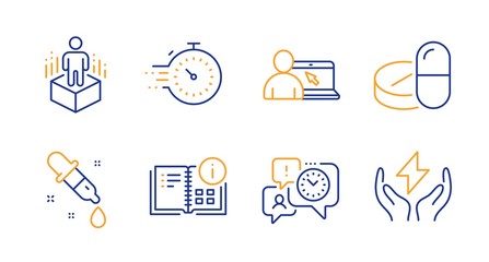 Timer, Augmented reality and Instruction info line icons set. Time management, Chemistry pipette and Online education signs. Medical drugs, Safe energy symbols. Line timer icon. Vector