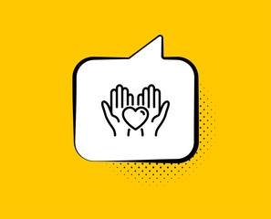 Hold heart line icon. Comic speech bubble. Friends love sign. Friendship hand symbol. Yellow background with chat bubble. Hold heart icon. Colorful banner. Vector