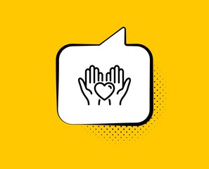 Obraz premium Hold heart line icon. Comic speech bubble. Friends love sign. Friendship hand symbol. Yellow background with chat bubble. Hold heart icon. Colorful banner. Vector