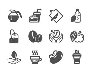 Set of Food and drink icons, such as Water bottle, Coffee, Tea bag, Hamburger, Cafe creme, Coffeepot, Beans, Coffee beans, Water care, Cutting board, Takeaway, Apple classic icons. Vector