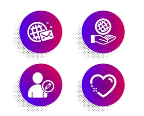 World mail, Safe planet and Edit user icons simple set. Halftone dots button. Heart sign. Chat, Ecology, Profile data. Love. People set. Classic flat world mail icon. Vector
