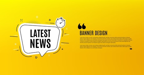 Latest news symbol. Yellow banner with chat bubble. Media newspaper sign. Daily information. Coupon design. Flyer background. Hot offer banner template. Bubble with latest news text. Vector