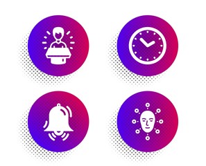 Brand ambassador, Time and Clock bell icons simple set. Halftone dots button. Face biometrics sign. Man speak, Clock, Alarm. Facial recognition. Technology set. Vector