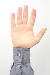 Male hands with raised fingers on a white background