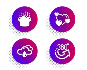 Heart, Cooking hat and Rainy weather icons simple set. Halftone dots button. 360 degrees sign. Love rating, Chef, Rain. Full rotation. Business set. Classic flat heart icon. Vector