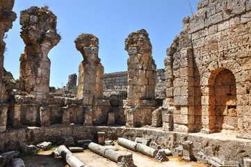 Ruins of the ancient Greek city Perge. View of archaeological site. Antalya Province, Turkey.