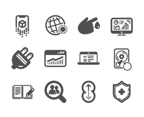 Set of Science icons, such as Blood donation, Feedback, Medical shield, Swipe up, Analytics graph, Web lectures, Electric plug, Augmented reality, Search employees, Website statistics. Vector