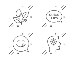 Quickstart guide, Plants watering and Yummy smile line icons set. Recruitment sign. Helpful tricks, Water drop, Emoticon. Headhunter aim. Business set. Line quickstart guide outline icon. Vector