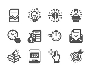 Fototapeta premium Set of Technology icons, such as Brand ambassador, Megaphone box, Target purpose, Approved mail, Move gesture, Time management, Info, Ssd, Cooking timer, Corrupted file, Idea. Vector