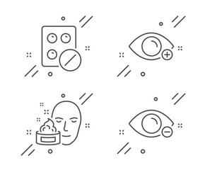 Farsightedness, Medical tablet and Face cream line icons set. Myopia sign. Eye vision, Medicine pill, Gel. Healthcare set. Line farsightedness outline icon. Vector