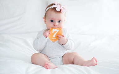 Close up Portrait of 7 Month Old Baby Girl with Sticker, Happy Cute Baby, Happy  family concept, The most Beautiful Girl, Princesses 