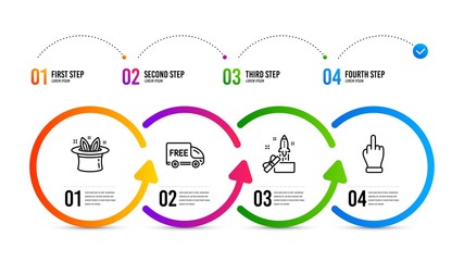 Middle finger sign. Infographics timeline. Free delivery, Hat-trick and Innovation line icons set. Shopping truck, Magic hat, Crowdfunding. Gesture. Business set. Free delivery icon. Vector