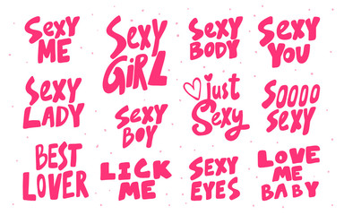 Sexy me, girl, boy, lady, best lover, eyes, baby, you, body. Sexy Sticker collection set for social media content. Vector hand drawn illustration design. 
