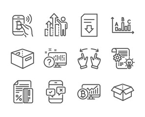 Set of Technology icons, such as Phone survey, Credit card, Cogwheel, Bitcoin pay, Survey results, Open box, Bitcoin chart, Move gesture, Office box, Employee results, Online quiz. Vector