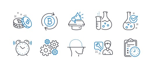 Set of Technology icons, such as Megaphone, Repairman, Alarm clock, Refresh bitcoin, Cogwheel, Face scanning, Bitcoin, Chemistry flask, Chemistry lab, Exam time line icons. Line megaphone icon. Vector