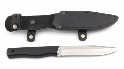 knife with a black handle from Micarta with black leather sheath on a white background