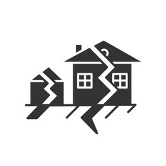 Earthquake glyph icon. Seismic activity. Temblor buildings destruction. Cracked ground and houses. Natural disaster. Silhouette symbol. Negative space. Vector isolated illustration