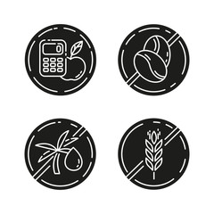Product free ingredient glyph icons set. No calories, caffeine, palm oil, gluten. Organic food for weight loss. Healthy dietary without allergens. Silhouette symbols. Vector isolated illustration