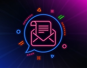 Mail newsletter line icon. Neon laser lights. Read Message correspondence sign. E-mail symbol. Glow laser speech bubble. Neon lights chat bubble. Banner badge with mail newsletter icon. Vector