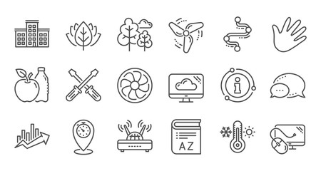 Timeline path, Fan engine and Profits chart line icons. Jet turbine, Wind energy and Cloud services. Linear icon set. Quality line set. Vector