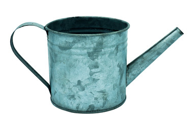 Aged metallic watering can isolated on white background. Clipping path included to replace background.