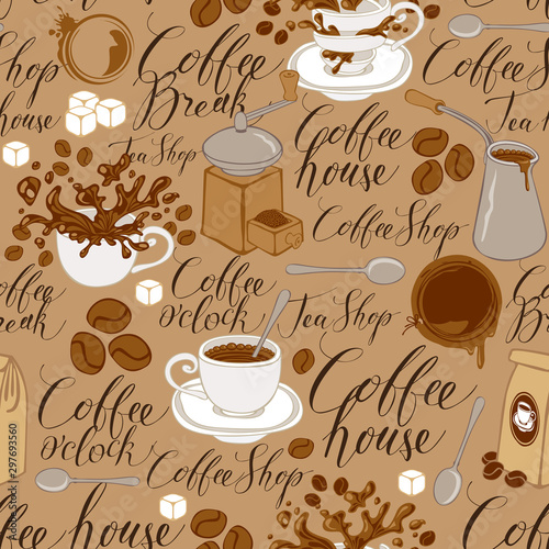 Vector Seamless Pattern On Tea And Coffee Theme In Retro Style Repeatable Background With Coffee Items Splashes And Handwritten Inscriptions Suitable For Wallpaper Wrapping Paper Fabric Wall Mural Paseven