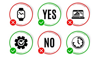 Graph laptop, Cogwheel and Smartwatch icons simple set. Yes no check box. Time sign. Mobile report, Engineering tool, Digital time. Clock. Technology set. Graph laptop icon. Check mark. Vector