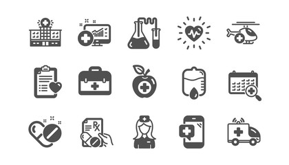 Medical icons. Hospital assistance, Health food diet and Laboratory. Chemistry classic icon set. Quality set. Vector