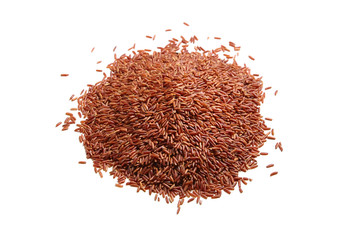 Heap of red rice isolated on white background. Dry uncooked grains of a cereal plant